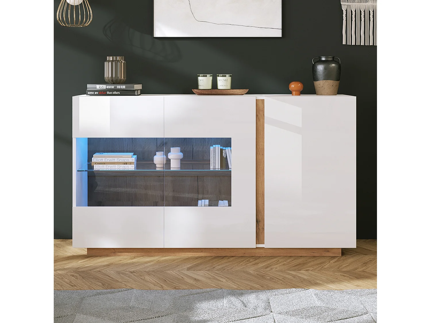 Buffet moderne, blanc laqué, avec verre trempé, bois, 3 portes et LED RGB (138x38x90.5 cm)