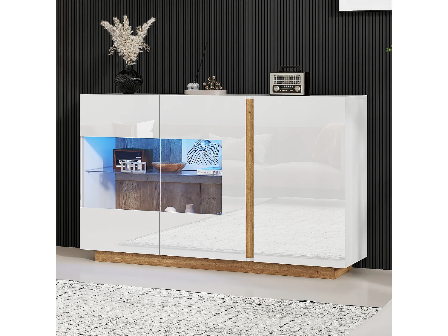 Buffet moderne, blanc laqué, avec verre trempé, bois, 3 portes et LED RGB (138x38x90.5 cm)