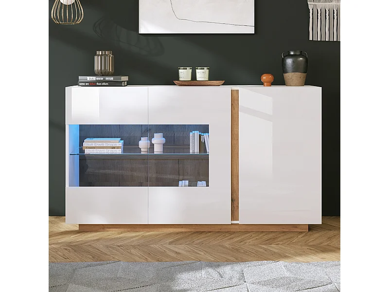 Buffet moderne, blanc laqué, avec verre trempé, bois, 3 portes et LED RGB (138x38x90.5 cm)