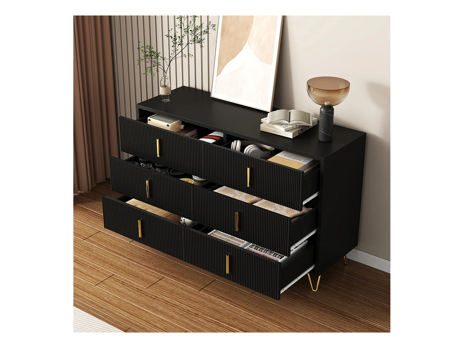 Buffet 3 portes et tiroirs, noir et or, MDF, (120x38x77 cm)