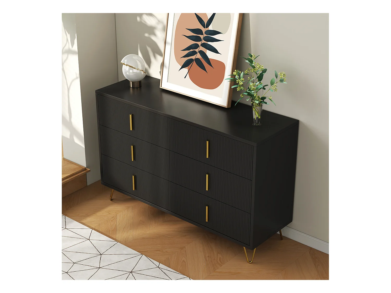 Buffet 3 portes et tiroirs, noir et or, MDF, (120x38x77 cm)