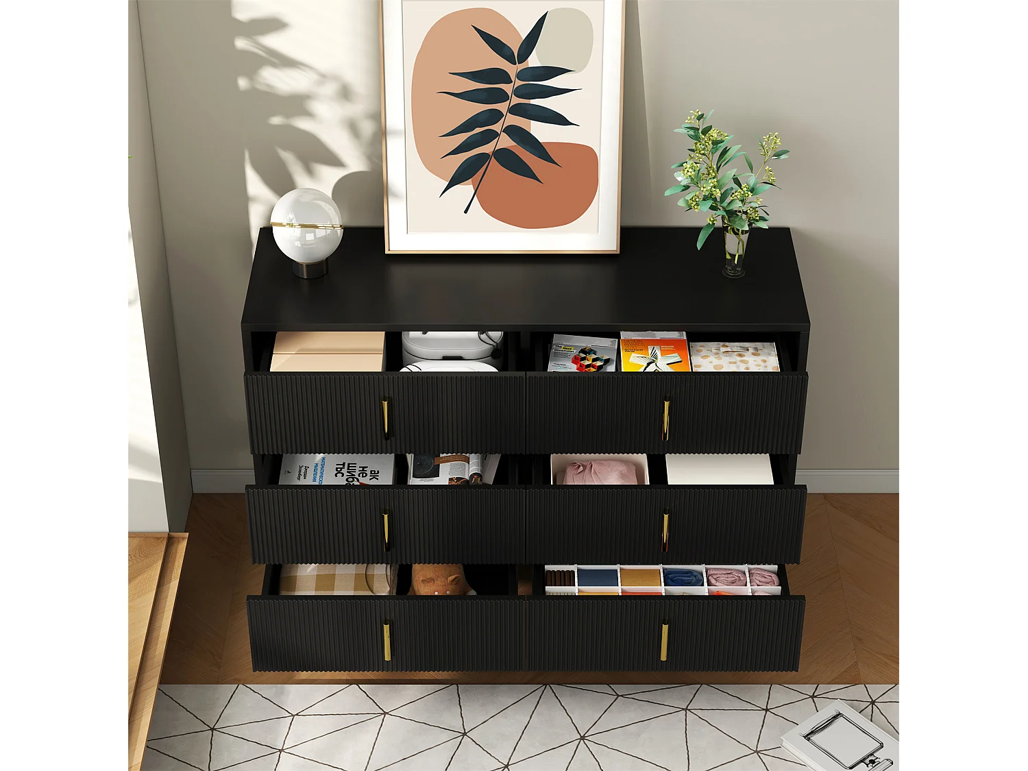 Buffet 3 portes et tiroirs, noir et or, MDF, (120x38x77 cm)