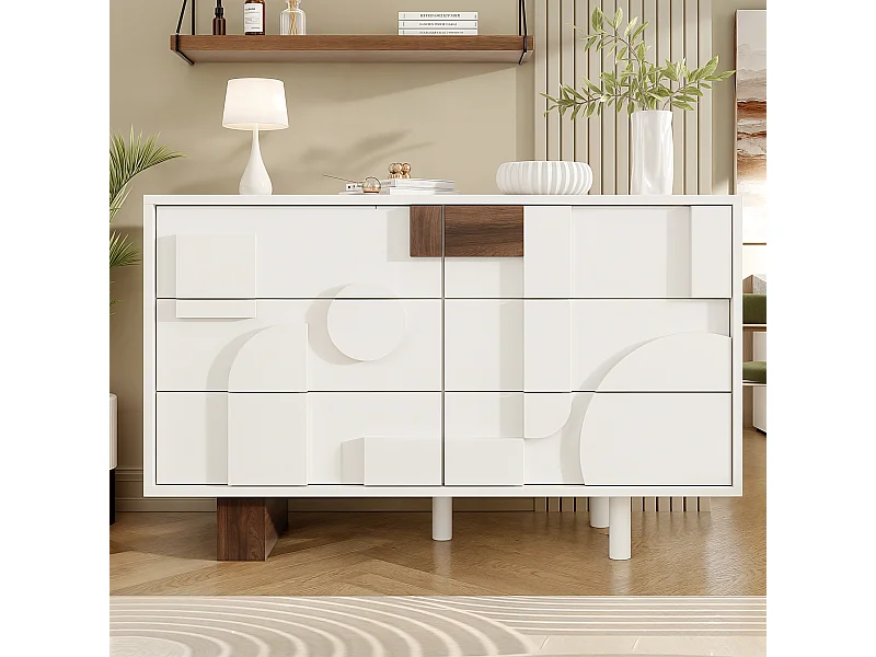 Buffet moderne 4 portes, géométrie 3D, sans poignées, 6 tiroirs avec fonction Push-to-Pop, blanc (120x40x75 cm)