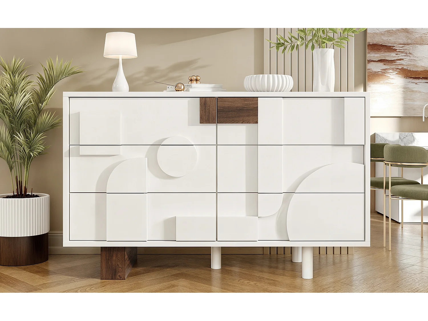 Buffet moderne 4 portes, géométrie 3D, sans poignées, 6 tiroirs avec fonction Push-to-Pop, blanc (120x40x75 cm)