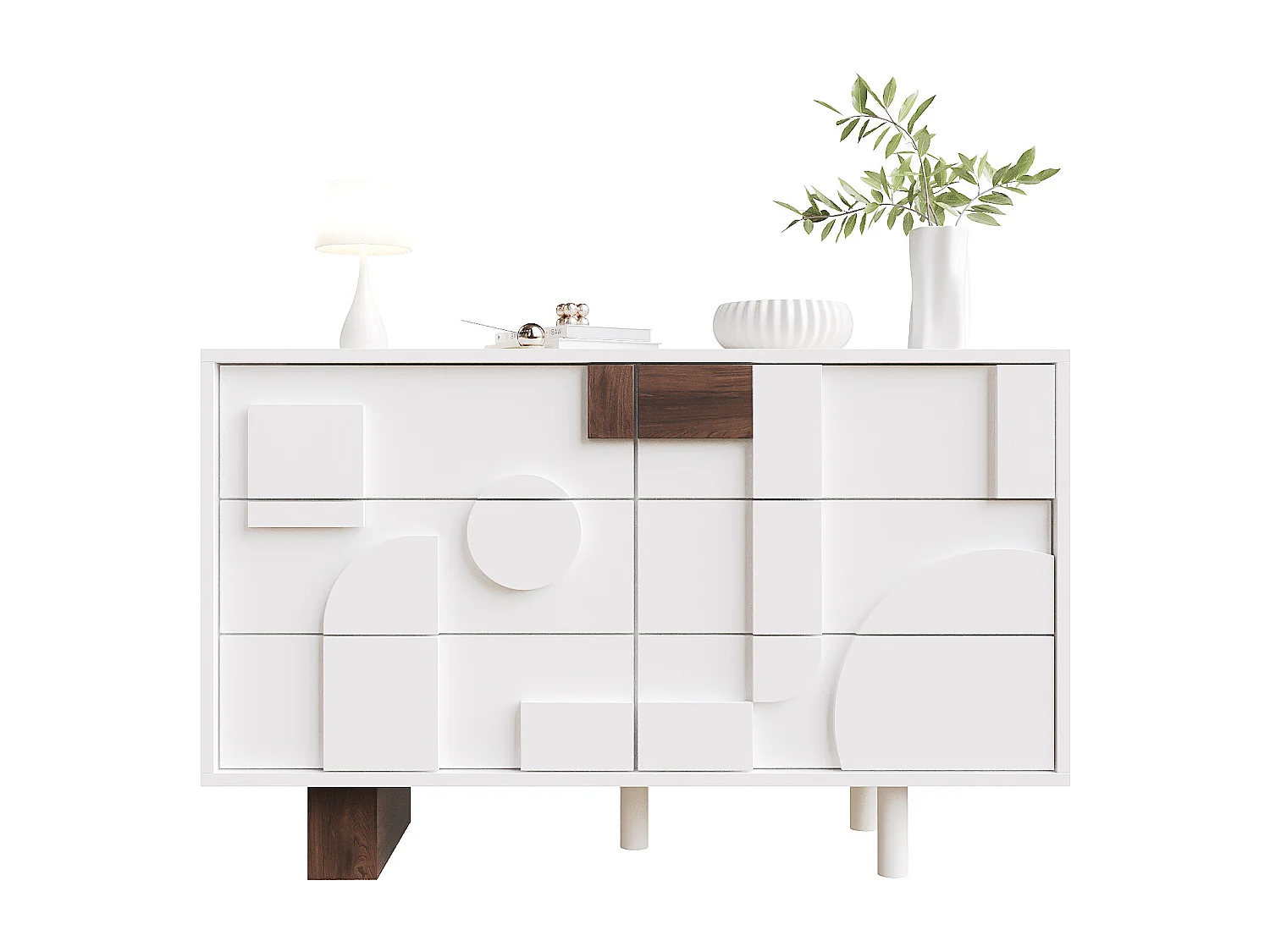 Buffet moderne 4 portes, géométrie 3D, sans poignées, 6 tiroirs avec fonction Push-to-Pop, blanc (120x40x75 cm)