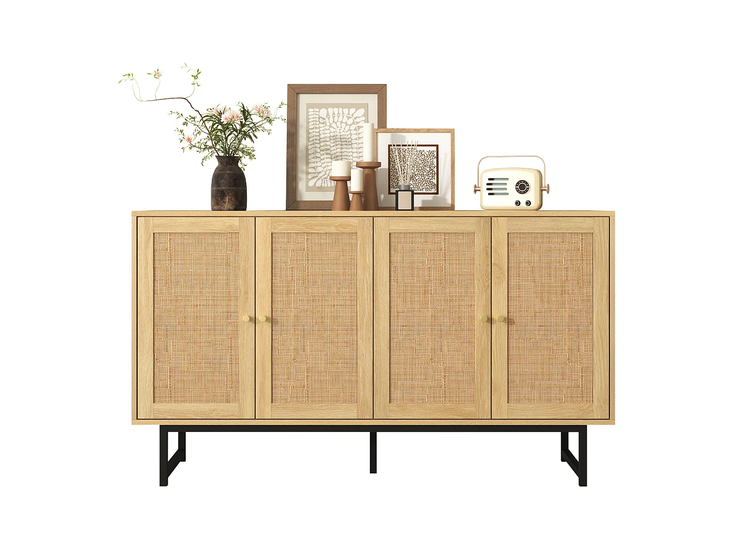 Buffet avec 4 portes et 18 compartiments, avec détails en rotin, pieds métalliques noirs, bois (140x39.5x80 cm)