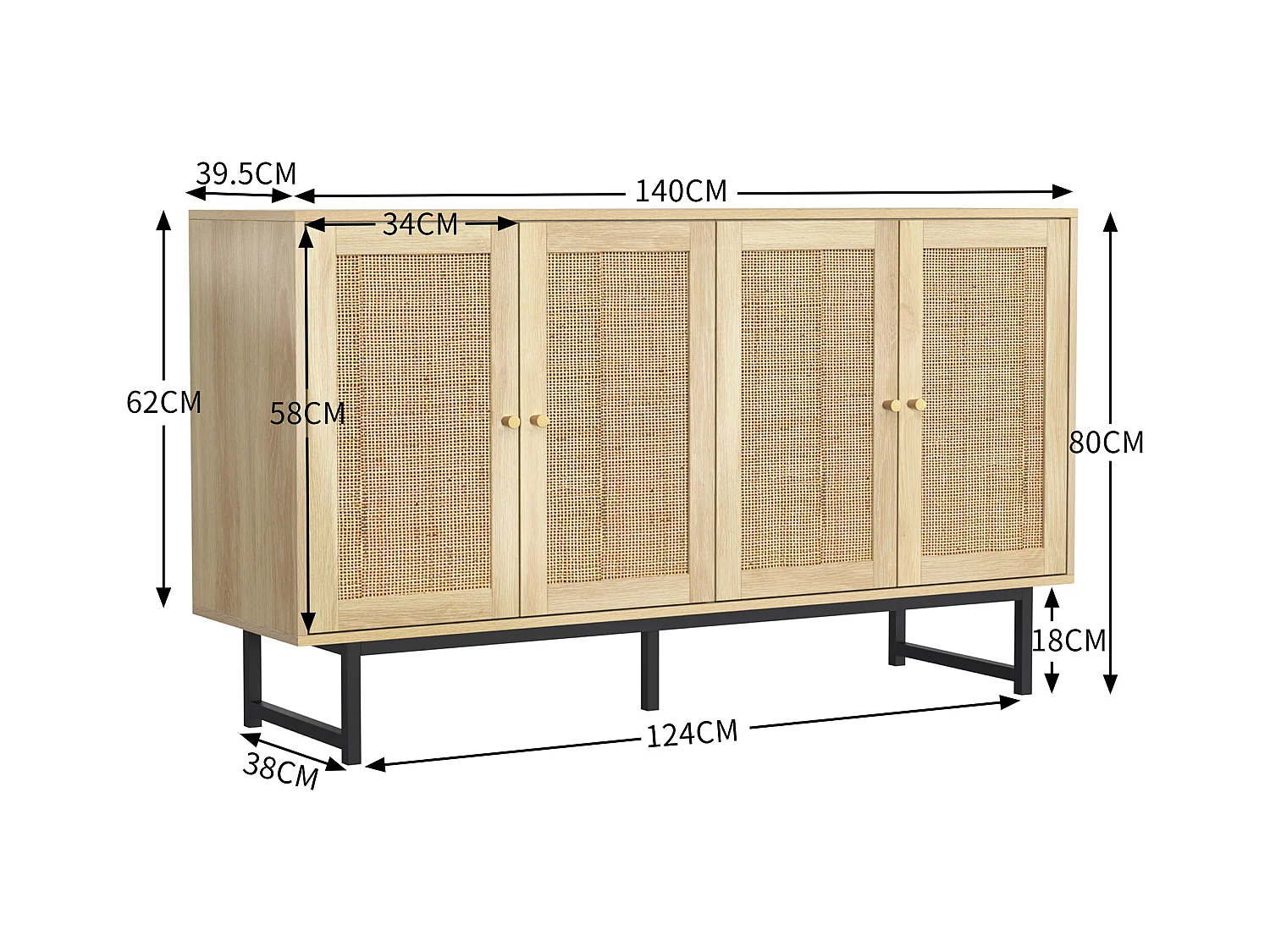 Buffet avec 4 portes et 18 compartiments, avec détails en rotin, pieds métalliques noirs, bois (140x39.5x80 cm)