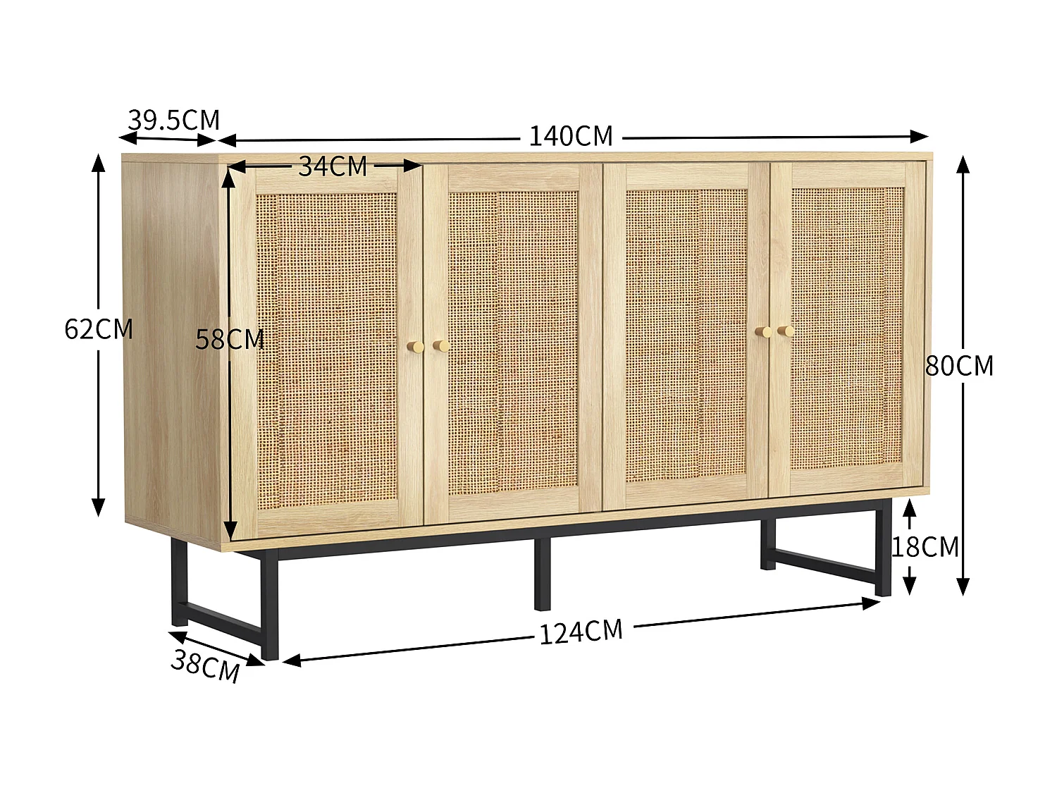 Credenza con 4 ante e 18 scomparti, con dettagli in rattan, gambe in metallo nero, legno (140x39,5x80 cm)