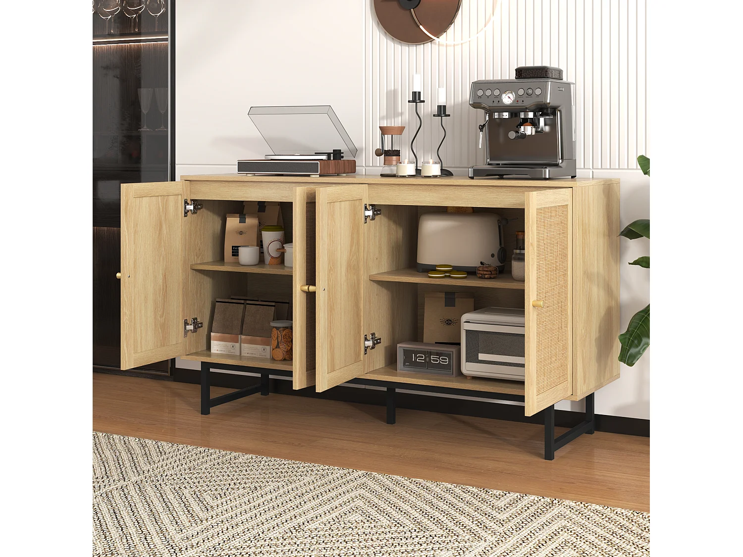 Credenza con 4 ante e 18 scomparti, con dettagli in rattan, gambe in metallo nero, legno (140x39,5x80 cm)
