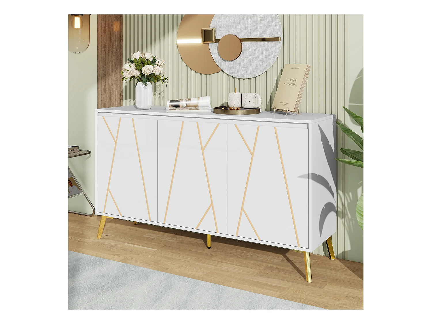 Buffet moderne avec ligne unique, 3 portes sans poignées, pour salle à manger, salon et cuisine (140x40x80 cm)