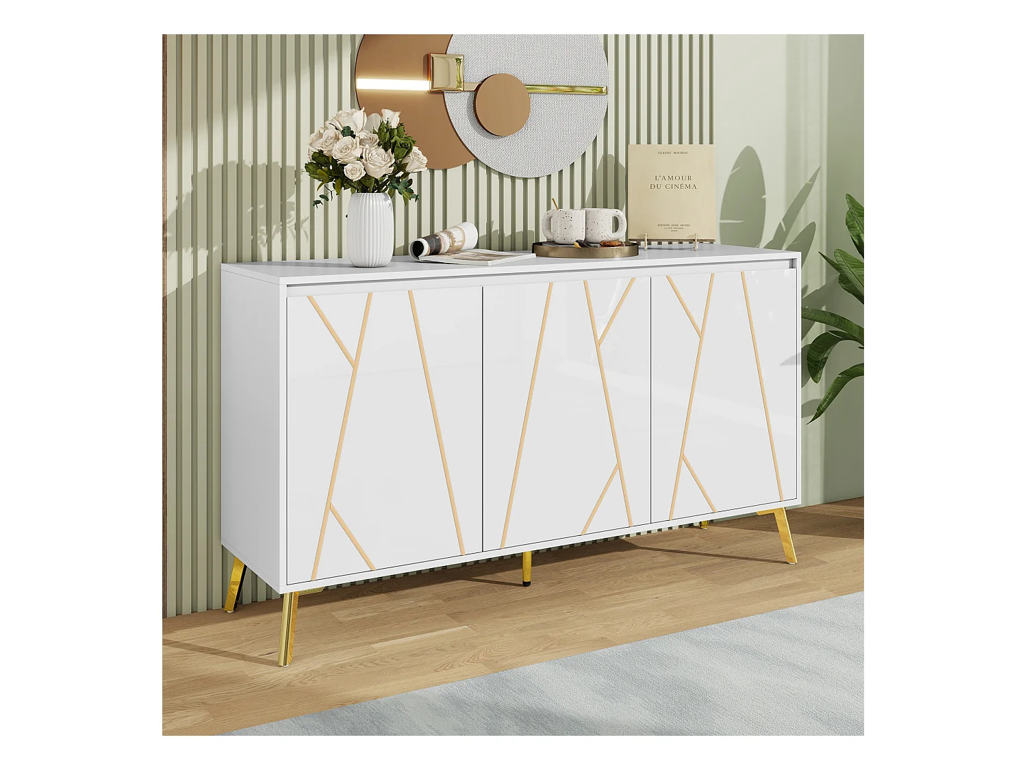 Buffet moderne avec ligne unique, 3 portes sans poignées, pour salle à manger, salon et cuisine (140x40x80 cm)