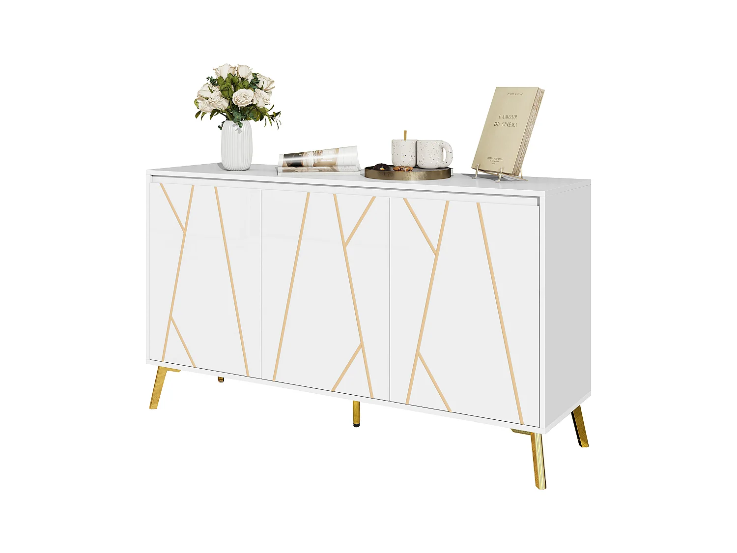 Buffet moderne avec ligne unique, 3 portes sans poignées, pour salle à manger, salon et cuisine (140x40x80 cm)