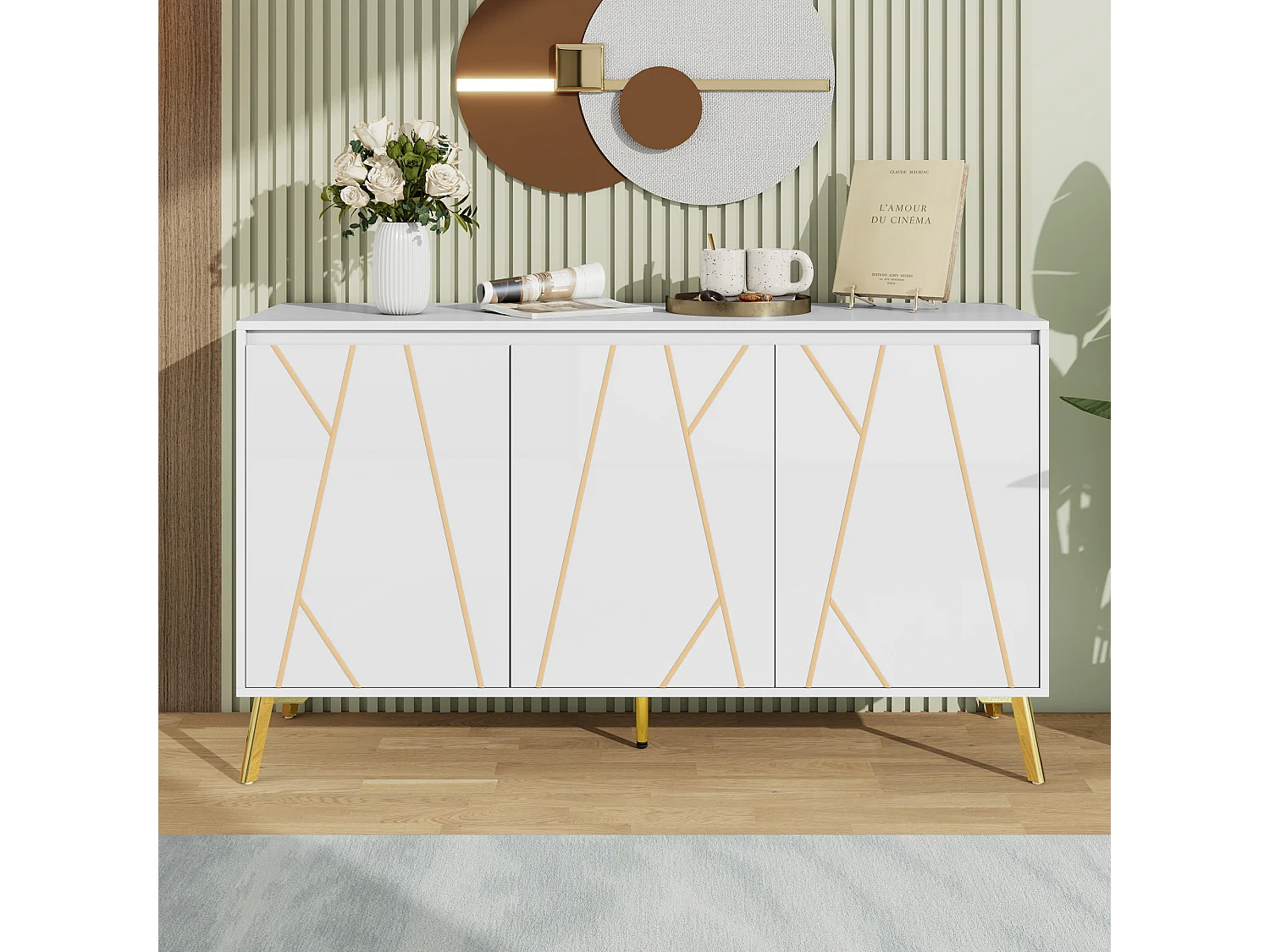 Buffet moderne avec ligne unique, 3 portes sans poignées, pour salle à manger, salon et cuisine (140x40x80 cm)