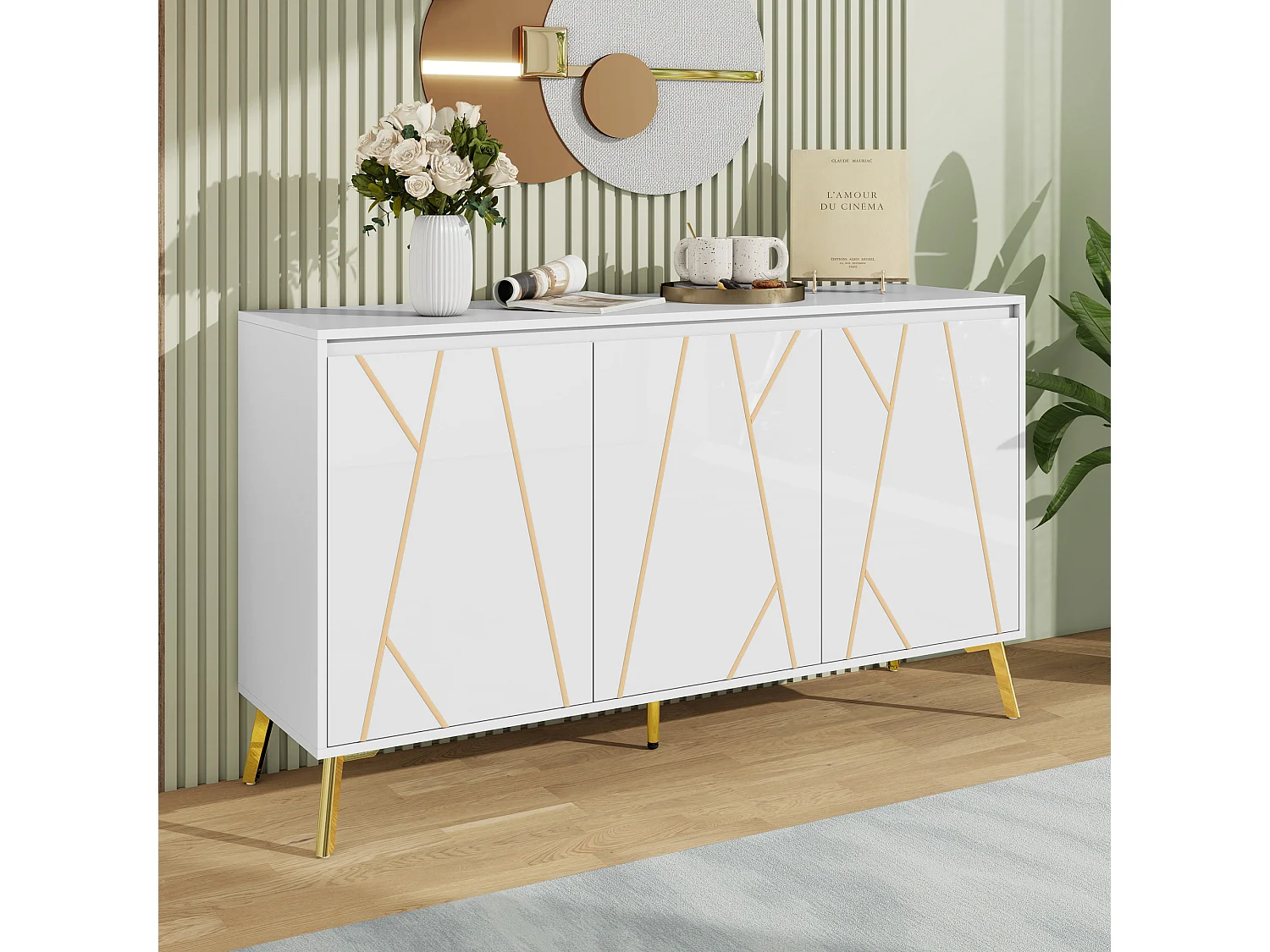 Buffet moderne avec ligne unique, 3 portes sans poignées, pour salle à manger, salon et cuisine (140x40x80 cm)