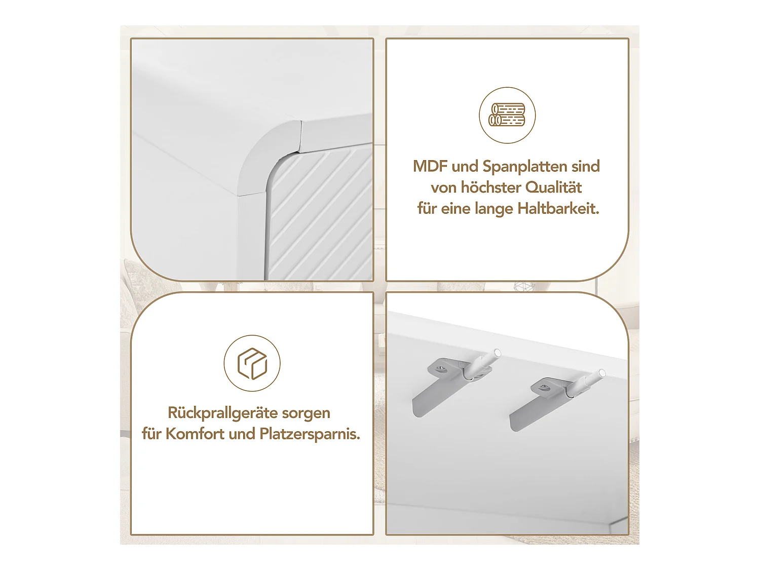 Minimalistisch dressoir met 4 deuren, verstelbare planken, U-vormige deuren en metalen onderstel, MDF, wit (152,5x40x76,5 cm)