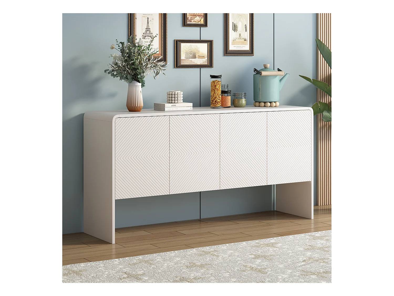 Aparador minimalista con 4 puertas, estantes regulables, puertas en forma de U y base de metal, MDF, blanco (152,5x40x76,5 cm)