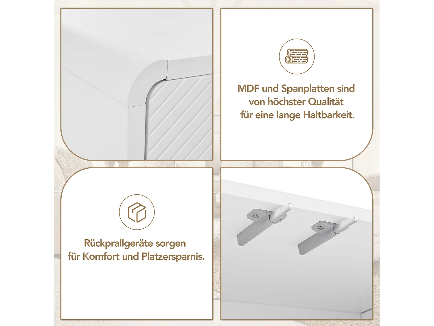 Minimalistisch dressoir met 4 deuren, verstelbare planken, U-vormige deuren en metalen onderstel, MDF, wit (152,5x40x76,5 cm)