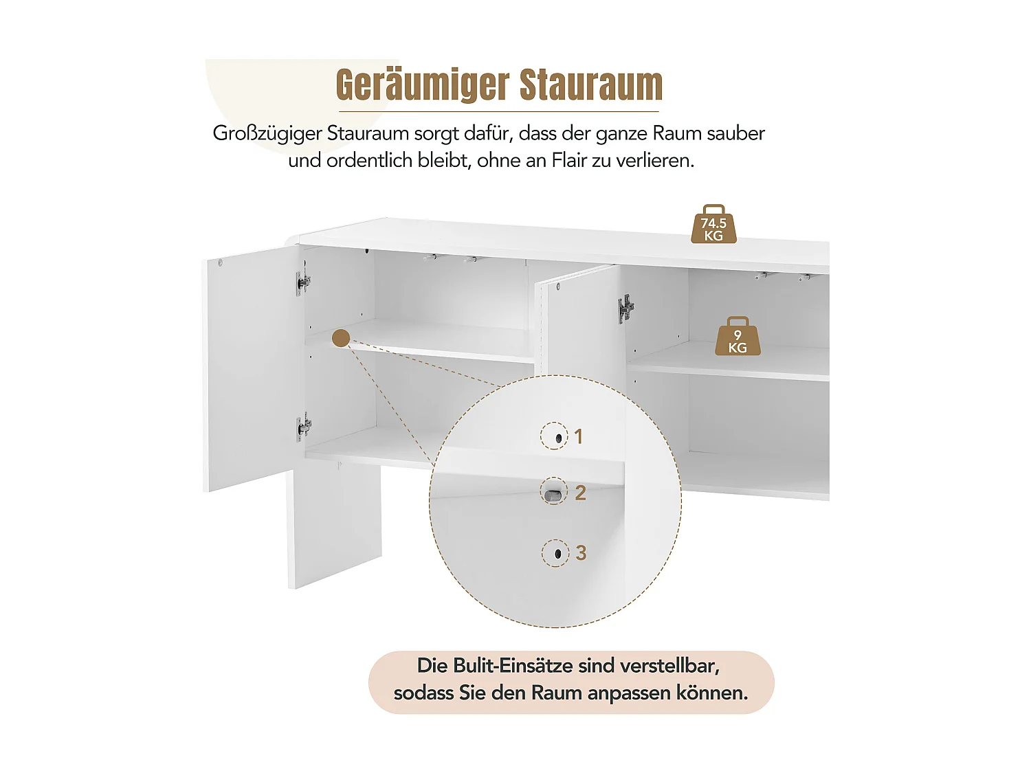 Minimalistisch dressoir met 4 deuren, verstelbare planken, U-vormige deuren en metalen onderstel, MDF, wit (152,5x40x76,5 cm)