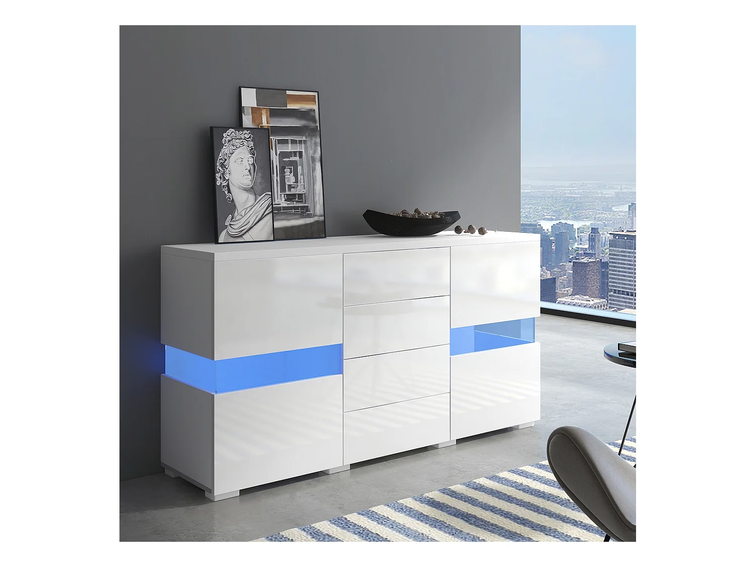 Buffet moderne, 2 portes, 3 tiroirs, 2 étagères ouvertes, 16 couleurs LED, blanc et imitation bois (140x35x72 cm)