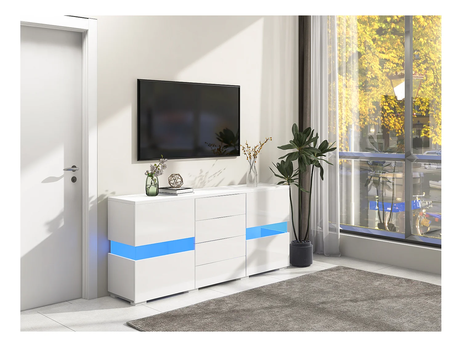 Buffet moderne, 2 portes, 3 tiroirs, 2 étagères ouvertes, 16 couleurs LED, blanc et imitation bois (140x35x72 cm)