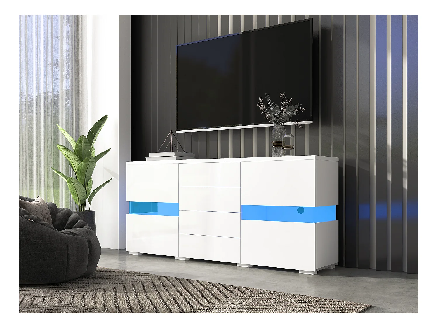 Buffet moderne, 2 portes, 3 tiroirs, 2 étagères ouvertes, 16 couleurs LED, blanc et imitation bois (140x35x72 cm)