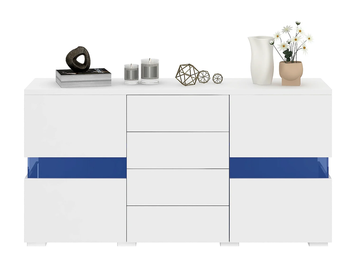 Buffet moderne, 2 portes, 3 tiroirs, 2 étagères ouvertes, 16 couleurs LED, blanc et imitation bois (140x35x72 cm)