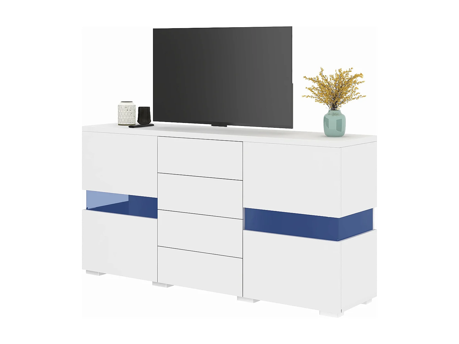 Buffet moderne, 2 portes, 3 tiroirs, 2 étagères ouvertes, 16 couleurs LED, blanc et imitation bois (140x35x72 cm)