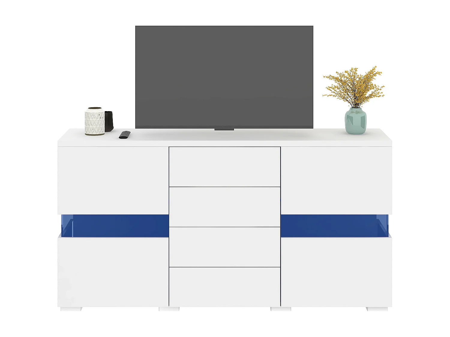 Buffet moderne, 2 portes, 3 tiroirs, 2 étagères ouvertes, 16 couleurs LED, blanc et imitation bois (140x35x72 cm)