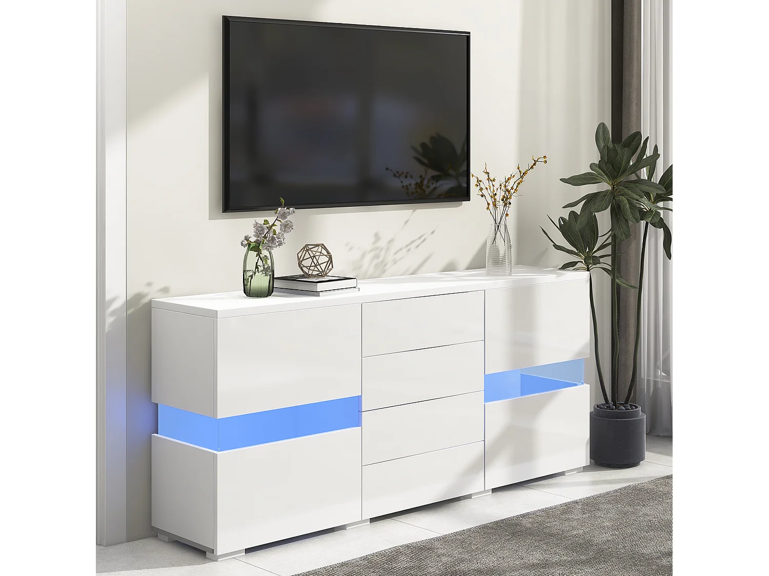 Buffet moderne, 2 portes, 3 tiroirs, 2 étagères ouvertes, 16 couleurs LED, blanc et imitation bois (140x35x72 cm)