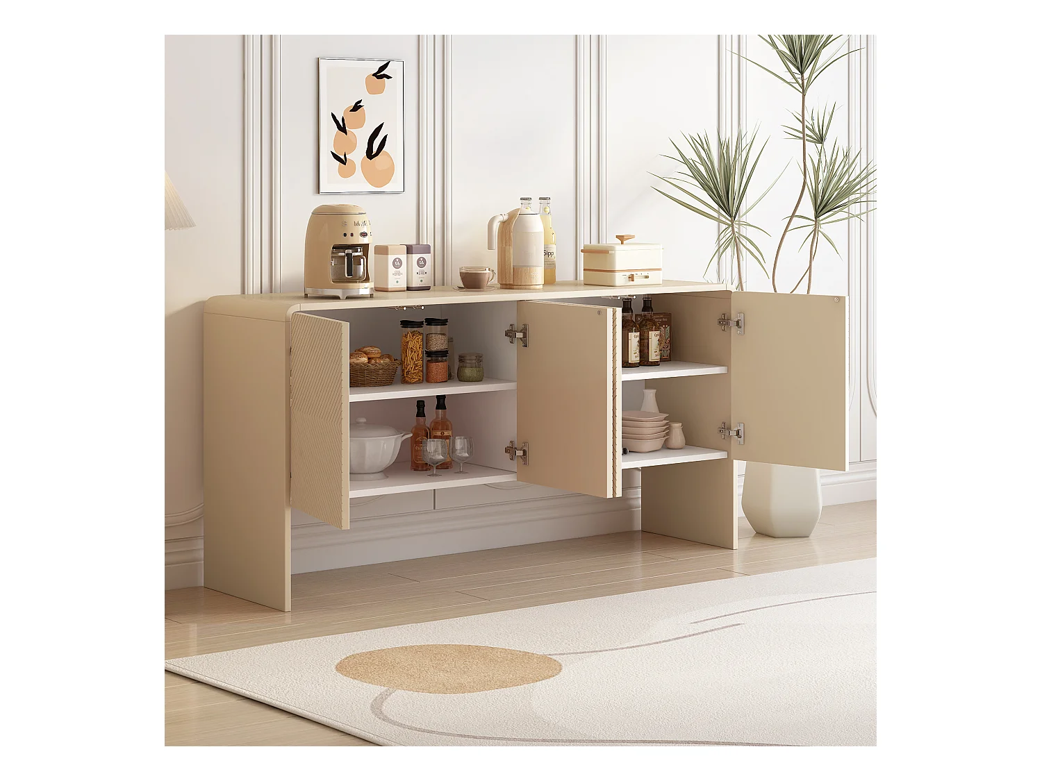 Credenza moderna minimalista con 4 ante curve, MDF, crema albicocca (152,5x40x76,5 cm)
