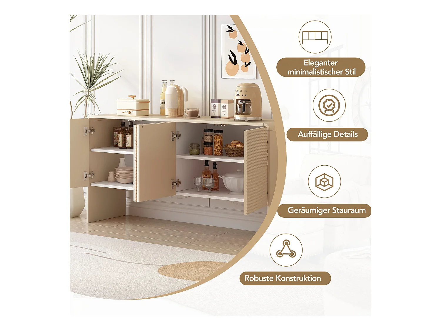 Credenza moderna minimalista con 4 ante curve, MDF, crema albicocca (152,5x40x76,5 cm)