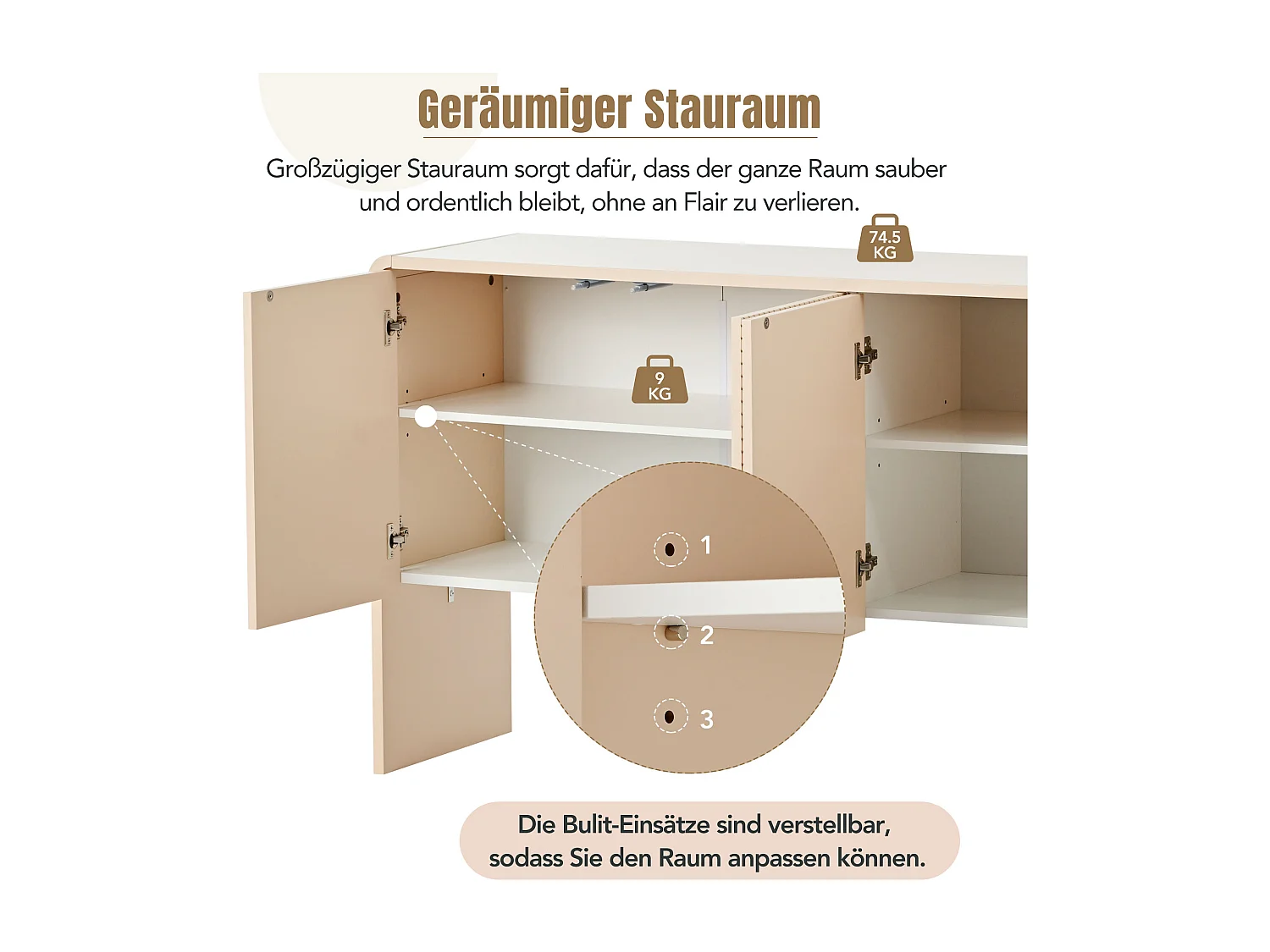 Credenza moderna minimalista con 4 ante curve, MDF, crema albicocca (152,5x40x76,5 cm)