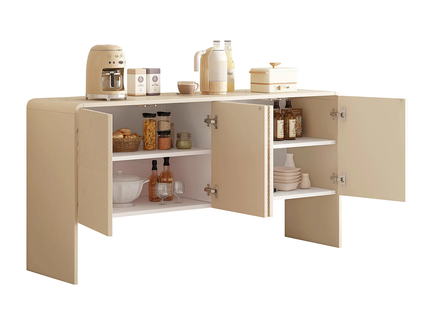 Credenza moderna minimalista con 4 ante curve, MDF, crema albicocca (152,5x40x76,5 cm)