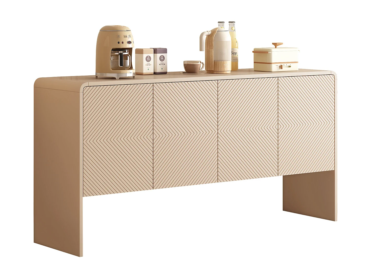 Buffet moderne minimaliste avec 4 portes à motif incurvé, MDF, crème abricot (152.5x40x76.5 cm)