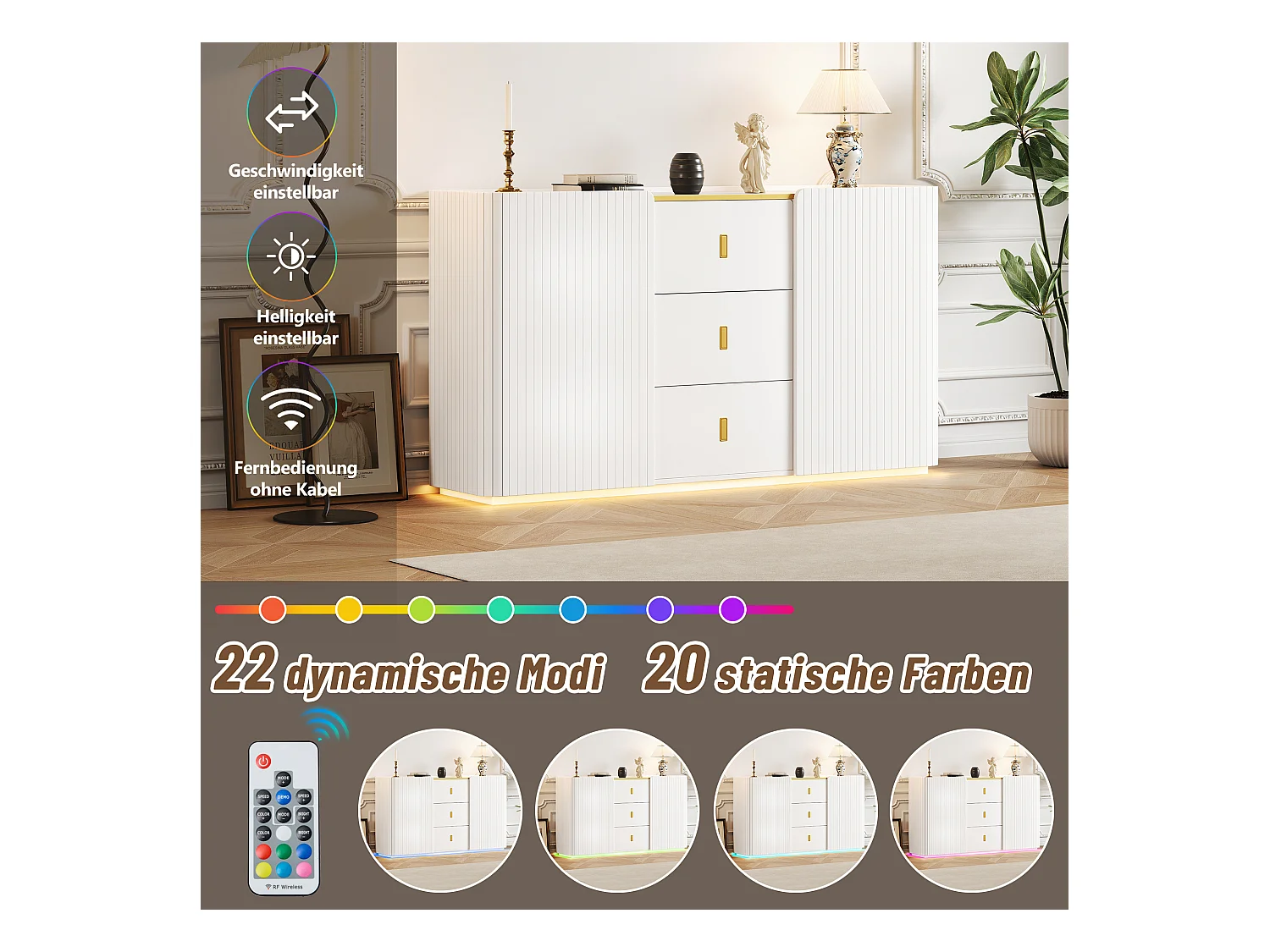 Buffet LED avec 2 portes et 3 tiroirs, MDF, Blanc, (150x35x80 cm)