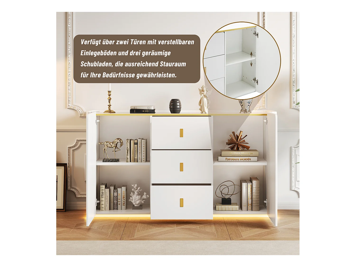 Buffet LED avec 2 portes et 3 tiroirs, MDF, Blanc, (150x35x80 cm)