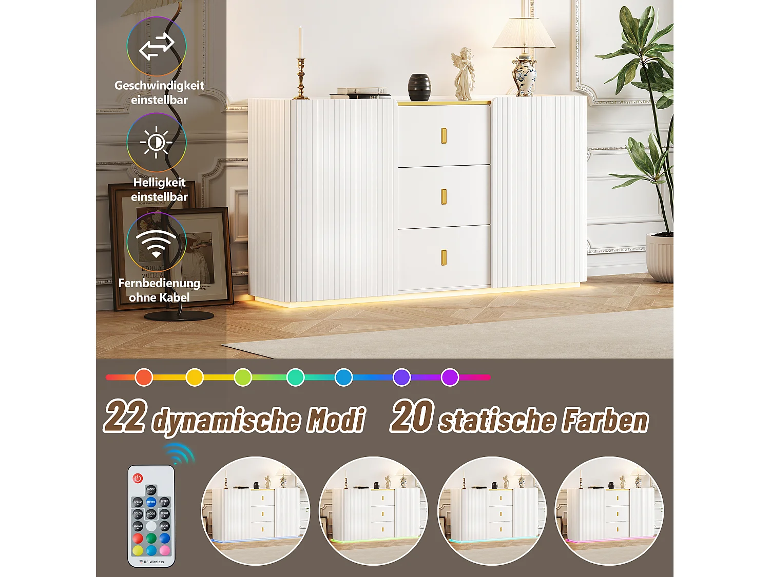Buffet LED avec 2 portes et 3 tiroirs, MDF, Blanc, (150x35x80 cm)