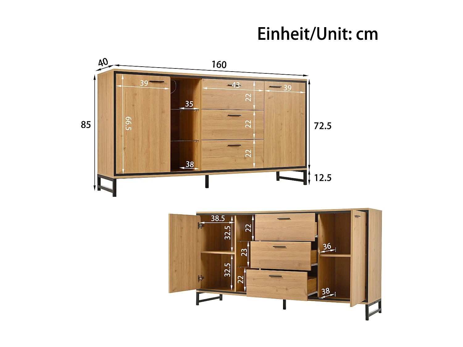 Buffet moderne avec 3 portes et 4 tiroirs, design en bois et blanc, 160x40x77 cm