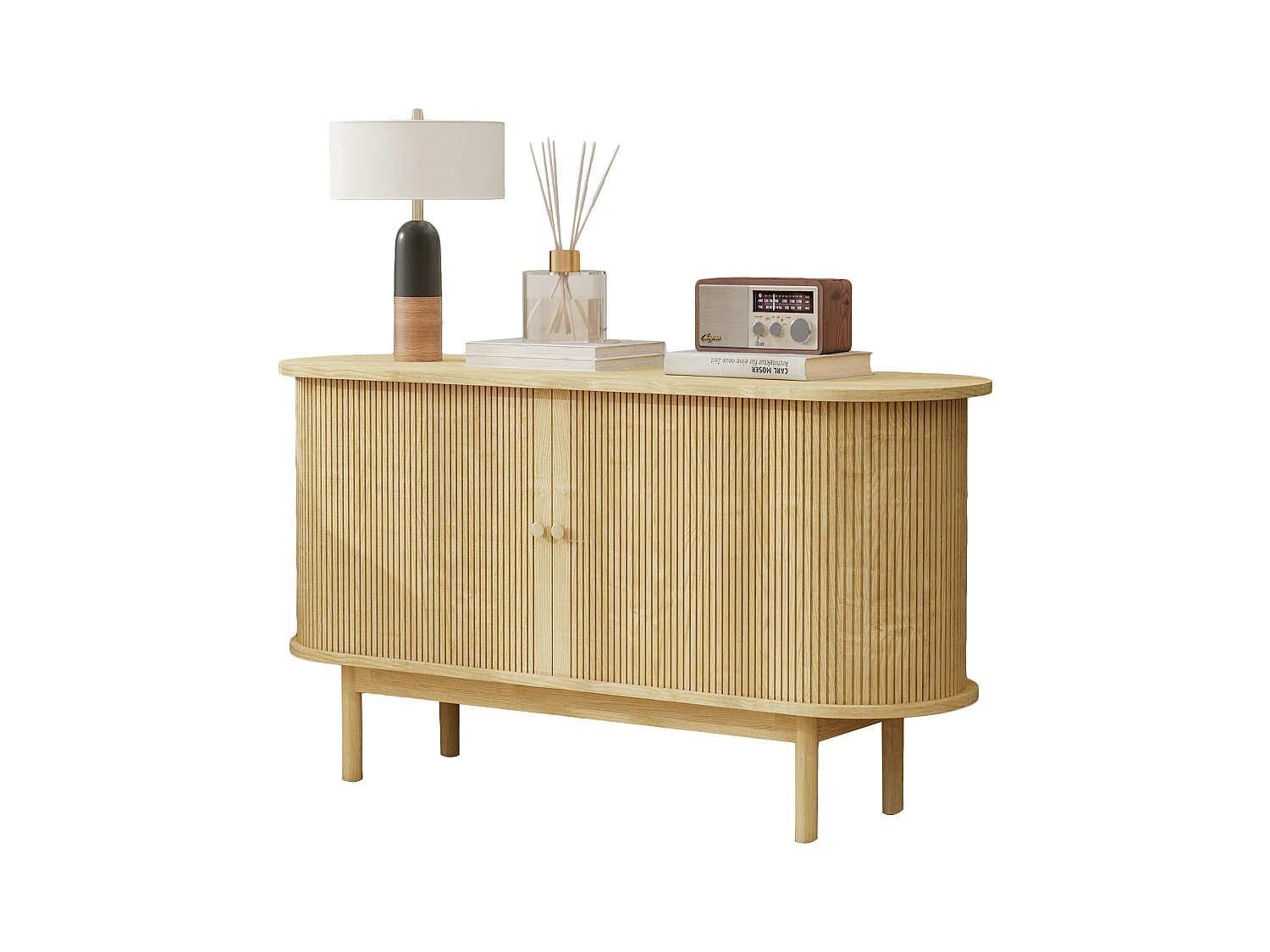 Buffet rétro moderne en bois, 2 portes coulissantes, étagères réglables, MDF, pin et chêne clair (138x43x75 cm)
