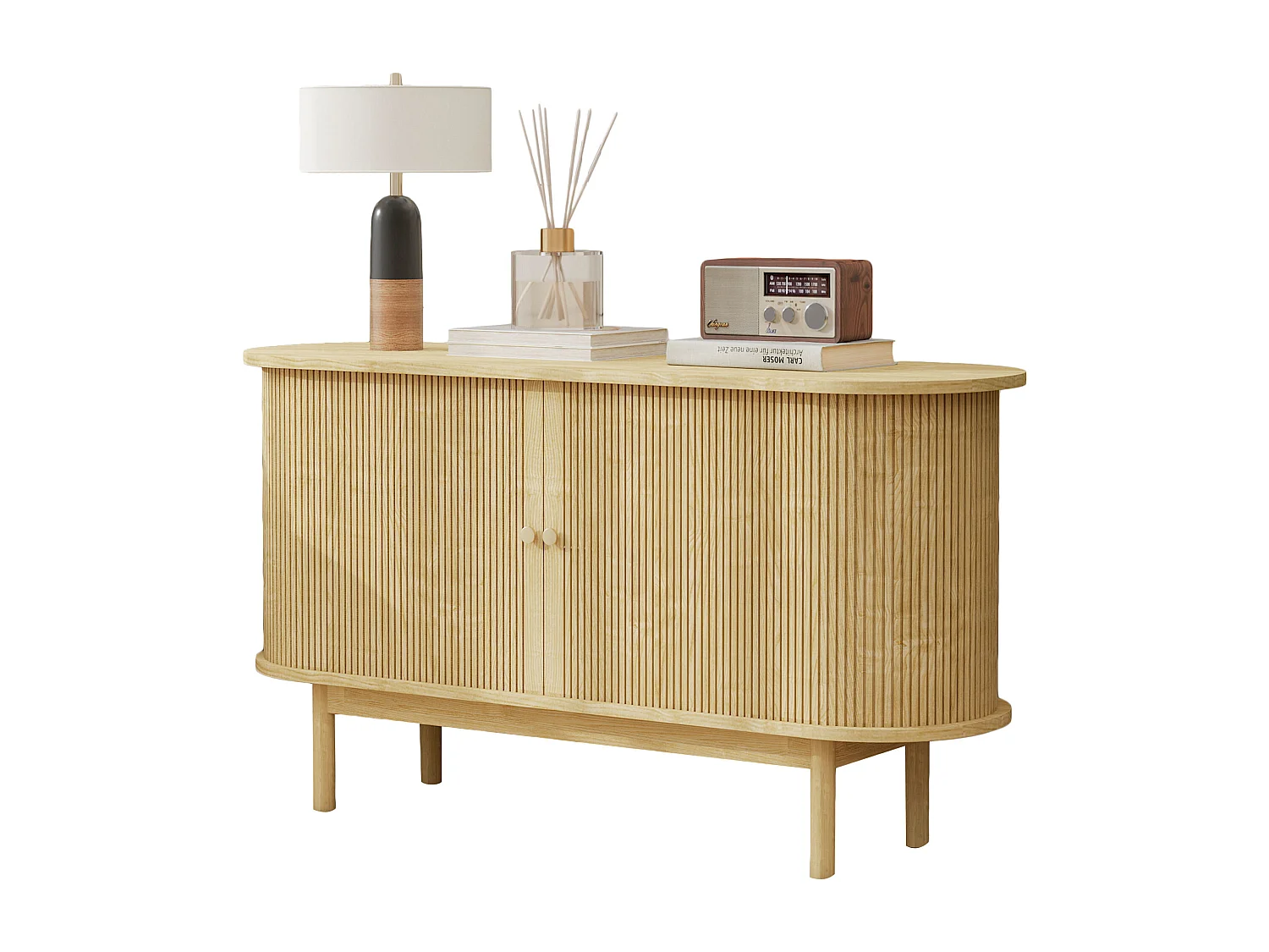 Modern retro houten dressoir, 2 schuifdeuren, verstelbare planken, MDF, grenen en licht eiken (138x43x75 cm)