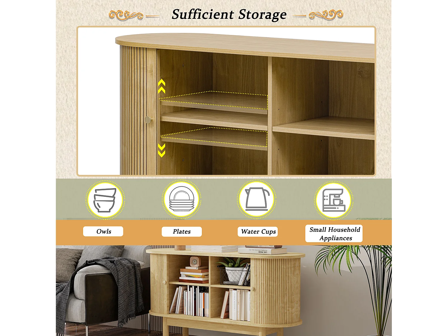 Modern retro houten dressoir, 2 schuifdeuren, verstelbare planken, MDF, grenen en licht eiken (138x43x75 cm)