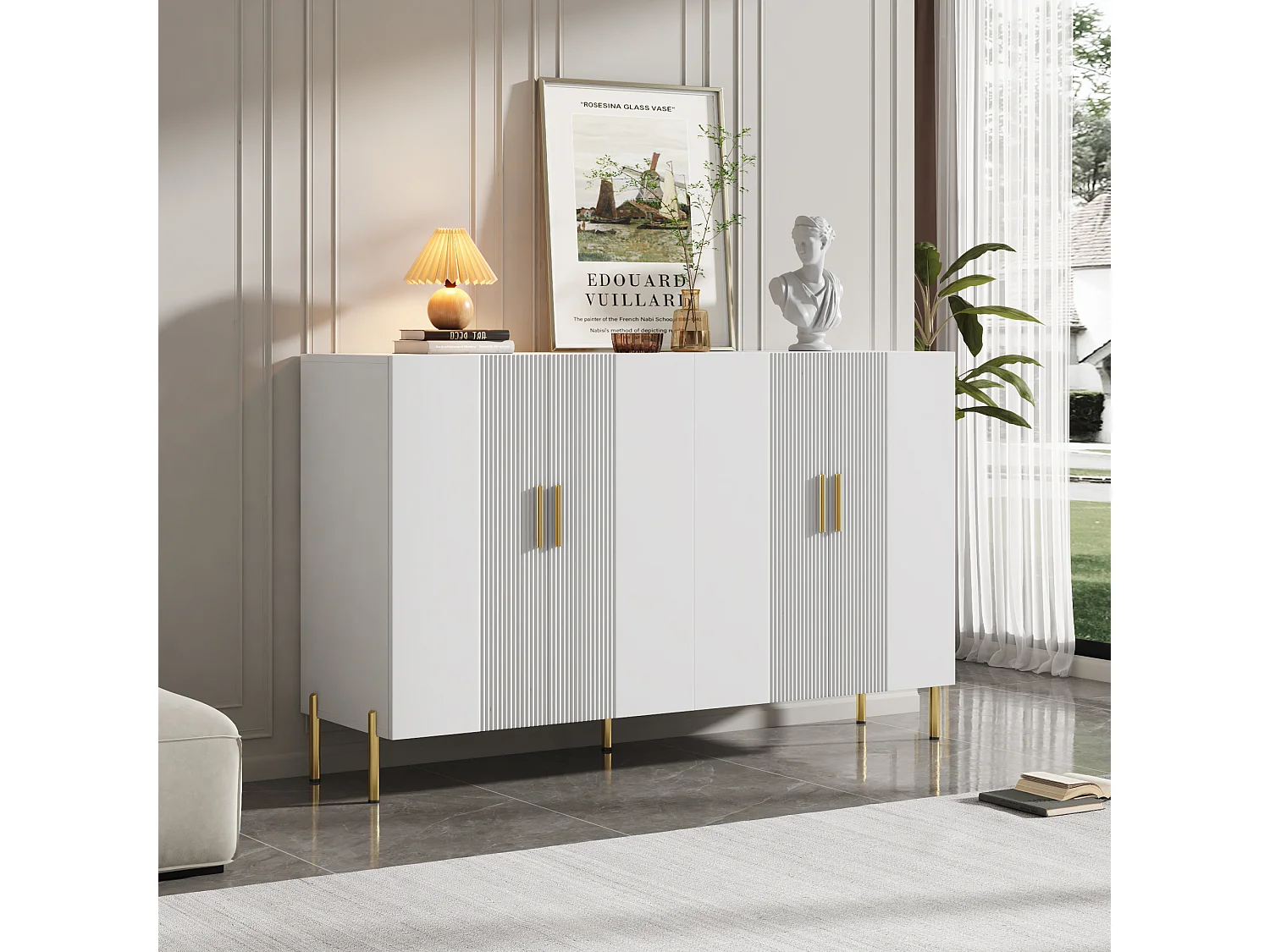 Meuble de rangement multifonction, 4 portes, design moderne, panneau de particules, blanc et doré (160x35x100 cm)