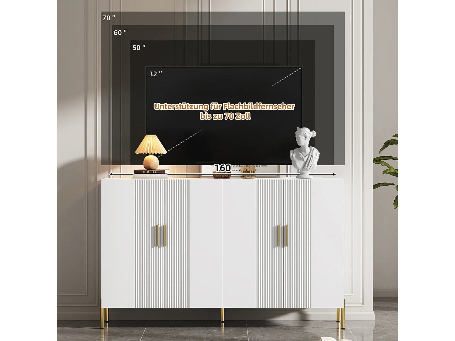 Meuble de rangement multifonction, 4 portes, design moderne, panneau de particules, blanc et doré (160x35x100 cm)