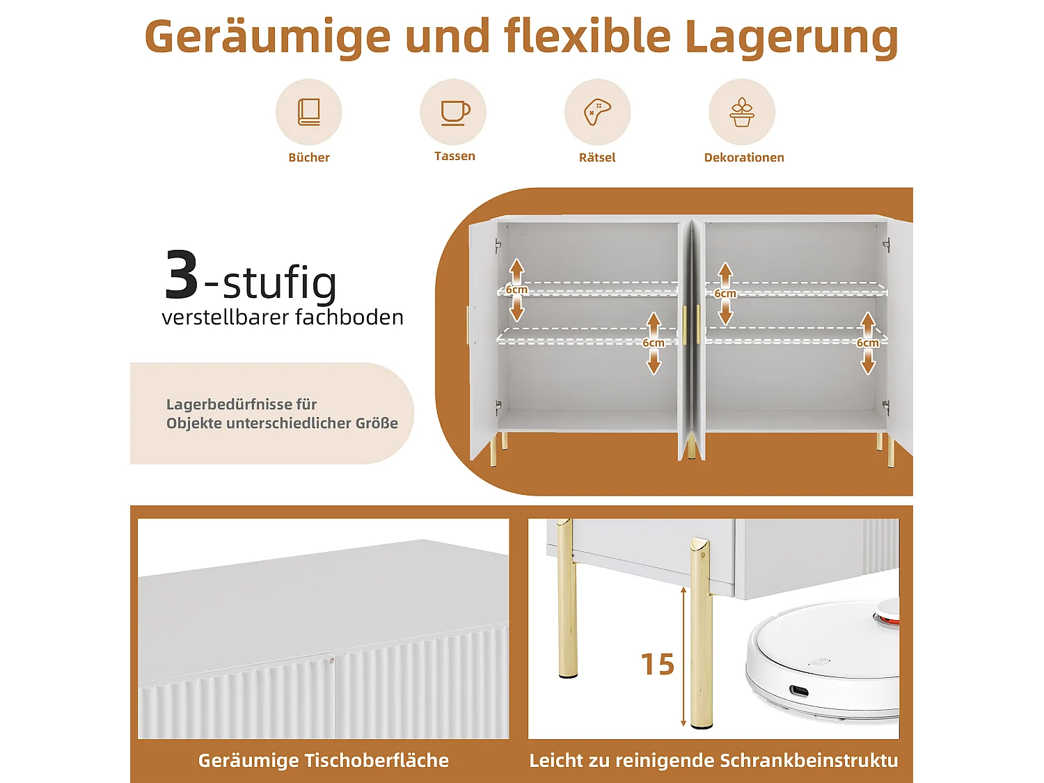 Meuble de rangement multifonction, 4 portes, design moderne, panneau de particules, blanc et doré (160x35x100 cm)