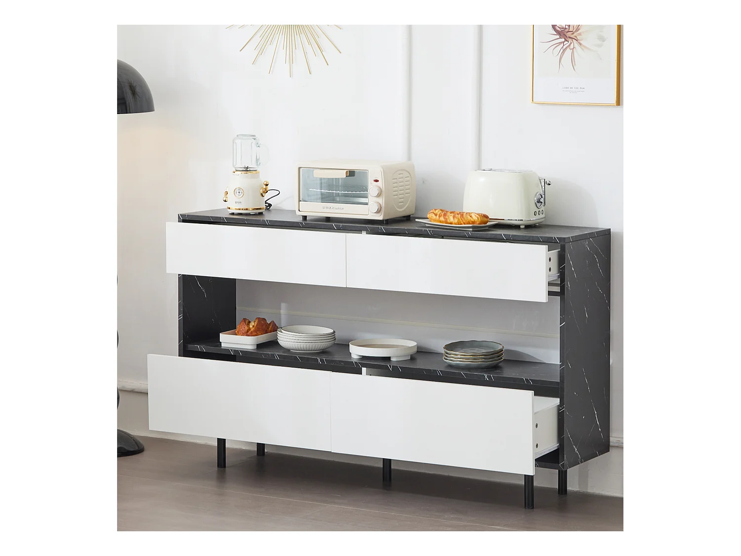 Buffet design marbre noir, avec 4 tiroirs, espace de rangement ouvert, éclairage LED, structure en métal, MDF (150x35x89.5 cm)