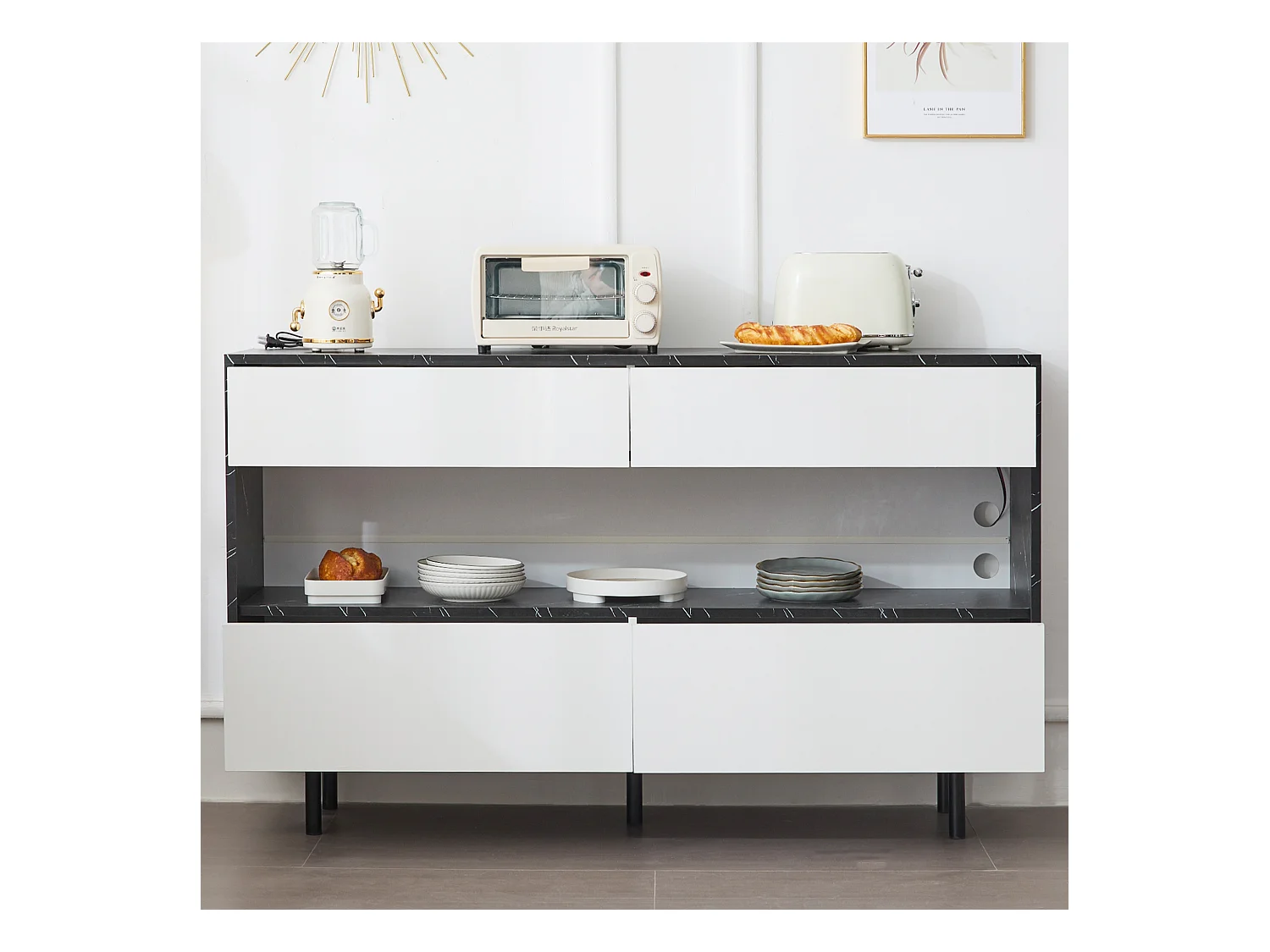 Buffet design marbre noir, avec 4 tiroirs, espace de rangement ouvert, éclairage LED, structure en métal, MDF (150x35x89.5 cm)