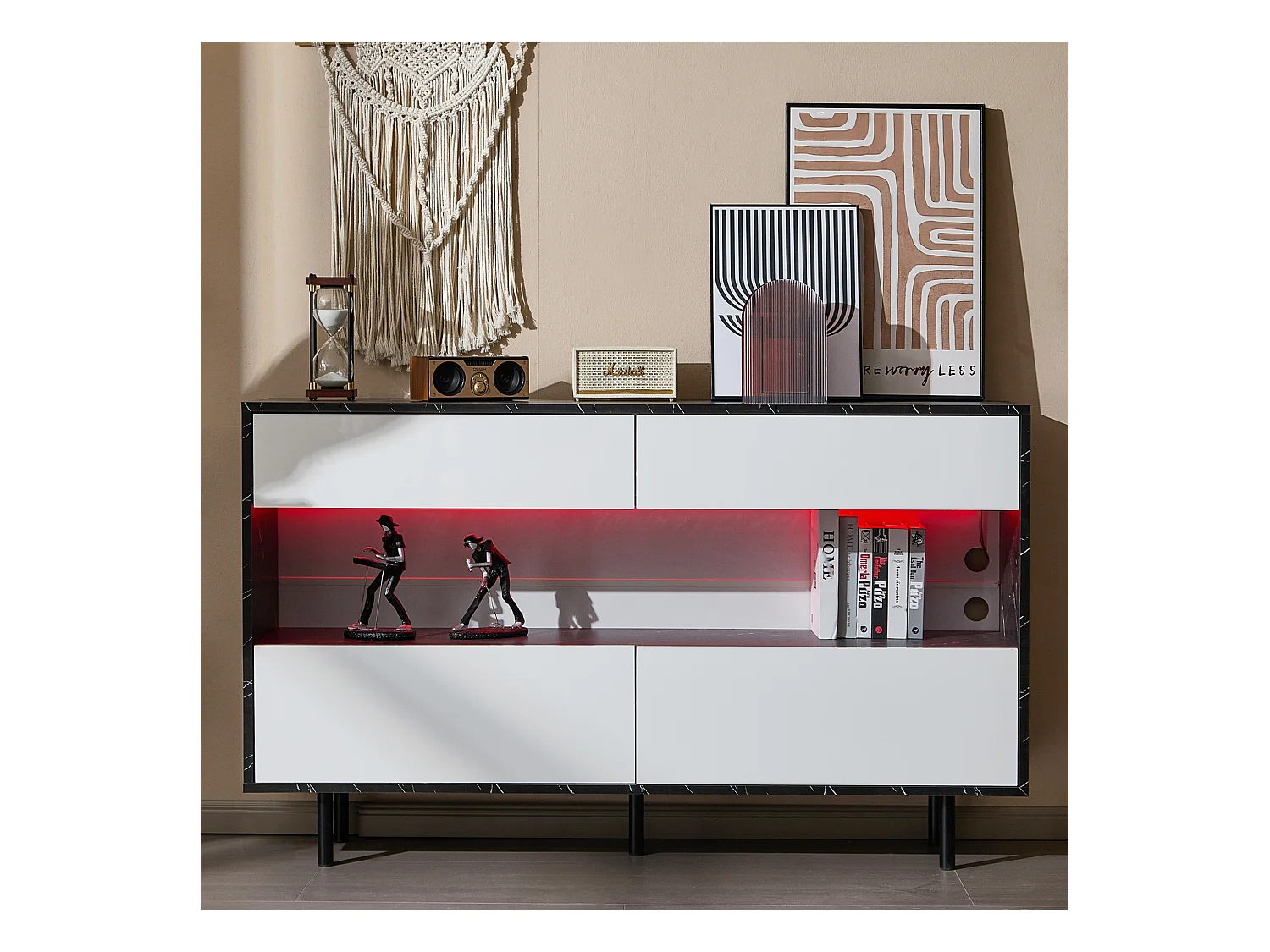 Buffet design marbre noir, avec 4 tiroirs, espace de rangement ouvert, éclairage LED, structure en métal, MDF (150x35x89.5 cm)