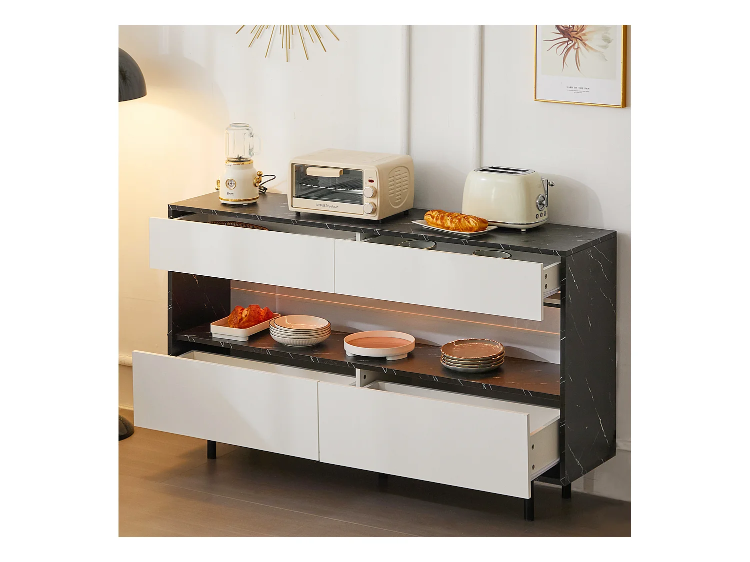 Buffet design marbre noir, avec 4 tiroirs, espace de rangement ouvert, éclairage LED, structure en métal, MDF (150x35x89.5 cm)