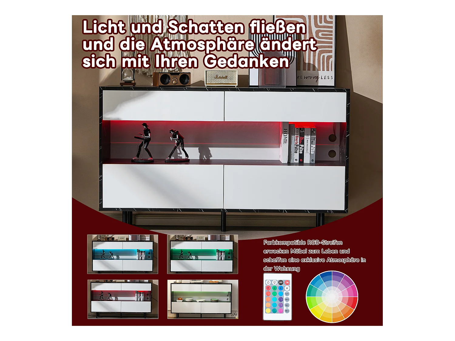 Aparador de diseño en mármol negro, con 4 cajones, espacio de almacenaje abierto, iluminación LED, estructura metálica, MDF (150x35x89,5 cm)