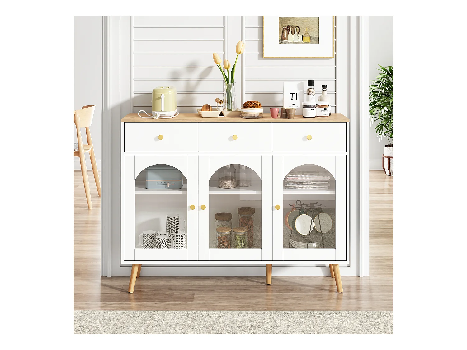Buffet avec 3 tiroirs et 3 portes arquées en verre trempé, design moderne, MDF, blanc et bois clair, (34x120x94 cm)